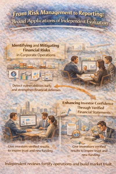 Watercolor infographic titled “From Risk Management to Reporting: Broad Applications of Independent Evaluation,” with two main sections: identifying and mitigating financial risks in corporate operations (warehouse/logistics icons and a team reviewing dashboards) and enhancing investor confidence through verified financial statements (a meeting with reports and an auditor examining documents with a magnifying glass).