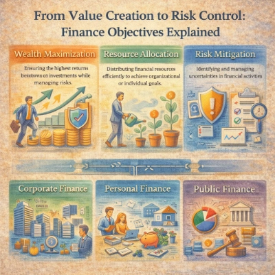 Infographic titled “From Value Creation to Risk Control: Finance Objectives Explained,” showing three objectives—wealth maximization, resource allocation, and risk mitigation—plus three domains: corporate finance, personal finance, and public finance, illustrated with simple icons and scenes.