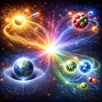 Cosmic illustration of four force-themed scenes linked by bright energy streams to a central burst: a warped grid beneath Earth, a glowing electromagnetic orb, a clustered atomic nucleus, and weak-interaction particles.