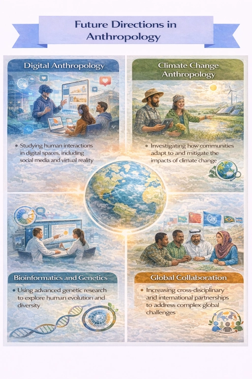 Infographic titled Future Directions in Anthropology showing four themes: Digital Anthropology, Climate Change Anthropology, Bioinformatics and Genetics, and Global Collaboration.