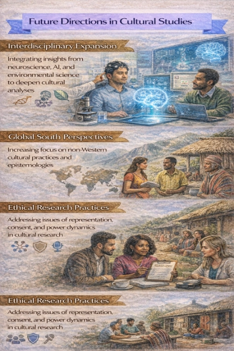 Infographic titled “Future Directions in Cultural Studies” showing three themes—interdisciplinary expansion (neuroscience/AI/environment), Global South perspectives, and ethical research practices—illustrated with scholars, lab/digital tools, and community fieldwork scenes.