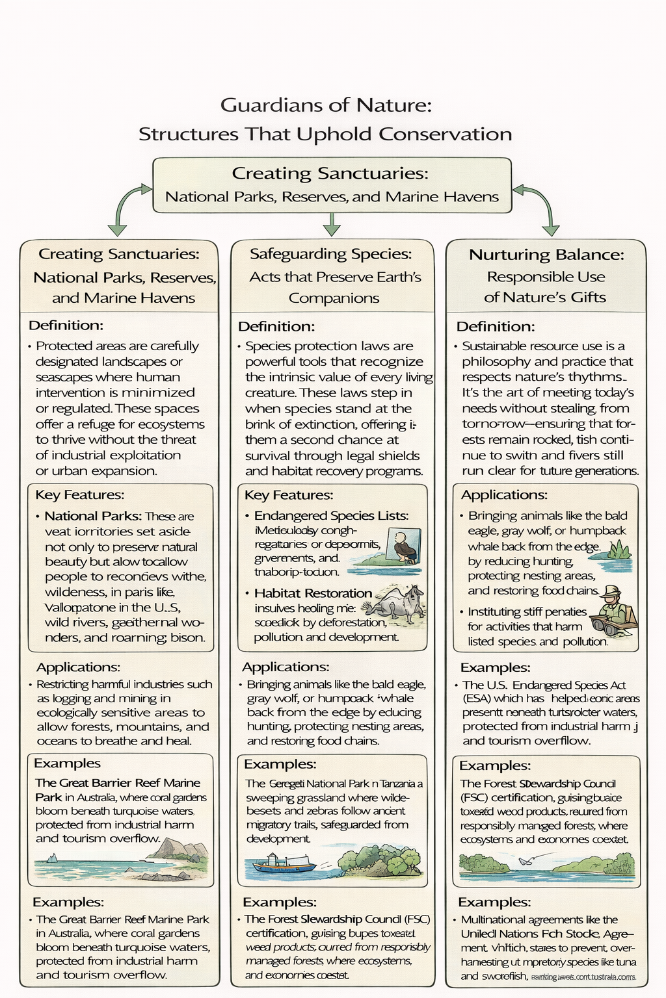 IDEF-style flowchart titled Guardians of Nature showing protected areas, species protection, and sustainable resource management.
