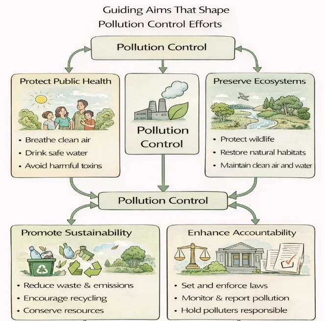 IDEF-style flow diagram showing Pollution Control in the center linked to public health, ecosystems, sustainability, and accountability.
