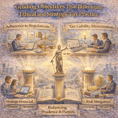 Watercolor-style infographic titled “Guiding Objectives That Illuminate Ethical and Strategic Tax Practice,” centered on Lady Justice above an open book, with four surrounding panels showing adherence to regulations, tax liability minimization, strategic financial management, and risk mitigation, set against a city skyline with glowing pillar lights.