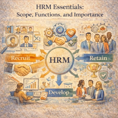 Infographic showing “HRM Essentials” with a central HRM hub connected to three core functions—Recruit, Develop, and Retain—illustrated with hiring, training, teamwork, and employee-support icons.