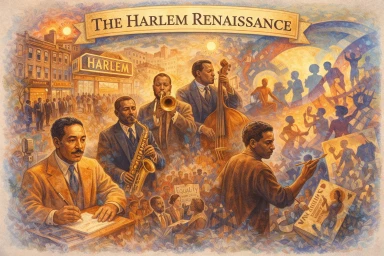Digital illustration of the Harlem Renaissance showing African American writers, jazz musicians, and artists in 1920s Harlem, symbolizing cultural pride, creativity, and social empowerment.