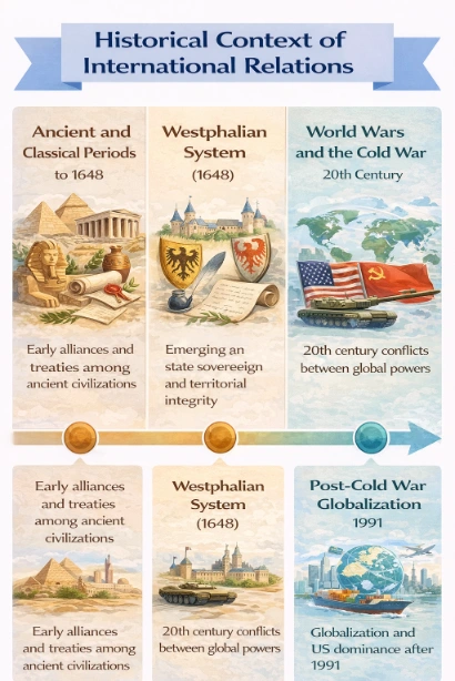 Timeline-style infographic titled Historical Context of International Relations.