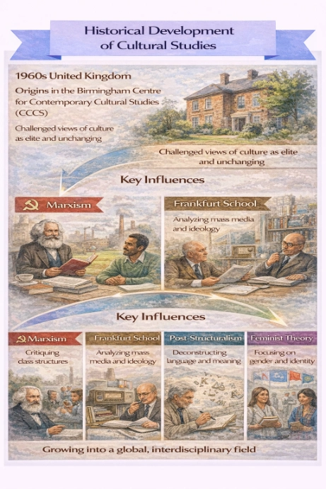 Infographic showing the historical development of Cultural Studies: 1960s UK origins (Birmingham/CCCS), key influences (Marxism, Frankfurt School, Post-Structuralism, Feminist Theory), and later global expansion.