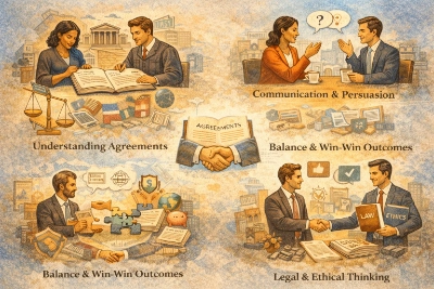 Four-panel educational illustration about learning contract negotiation: students studying an agreement with legal scales, two people discussing with question and idea speech bubbles, a central handshake beneath an “Agreements” book, and professionals shaking hands beside “Law” and “Ethics” books with icons of balance and collaboration.