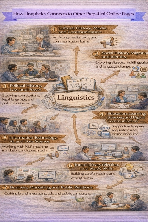Watercolor infographic titled “How Linguistics Connects to Other Prep4Uni.Online Pages,” showing numbered panels that link linguistics to cultural history/media, migration/identity, law/power, education/digital communication, technology/AI/data science (shown twice), business/marketing/public relations, and interdisciplinary study skills, each with small illustrated scenes and icons.