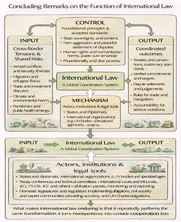IDEF0-style diagram showing International Law as a global coordination system, with inputs (cross-border tensions and shared risks), controls (foundational principles and accepted standards), mechanisms (actors, institutions, and legal tools), and outputs (coordinated outcomes such as treaties, standards, dispute settlements, and accountability).