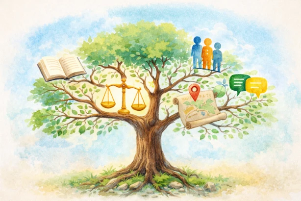 with branches showing icons for literature, ethics, culture, communication, geography, and human relationships.