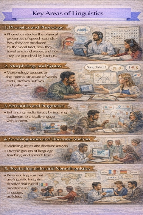 Watercolor-style infographic titled “Key Areas of Linguistics,” showing five panels—phonetics/phonology, morphology/syntax, semantics/pragmatics, sociolinguistics/discourse analysis, and psycholinguistics/neurolinguistics—illustrated with researchers, speech/audio icons, and language diagrams.