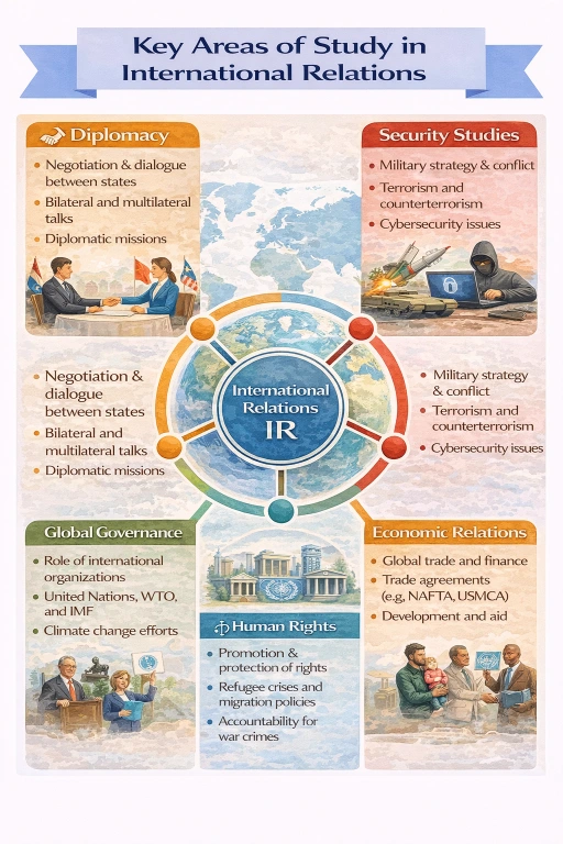 Infographic titled Key Areas of Study in International Relations with five panels.