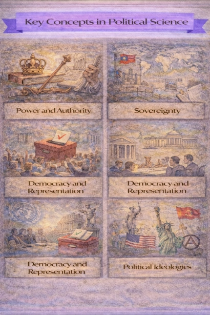 Watercolor-style infographic titled “Key Concepts in Political Science,” arranged as a 2×3 grid.