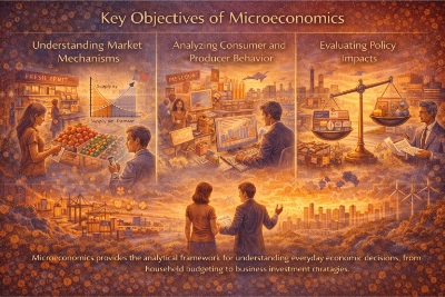 Three-panel infographic titled “Key Objectives of Microeconomics” showing a market stall with a supply–demand graph, consumers and firms reacting to prices and income, and a balance scale illustrating taxes, subsidies, and regulations.