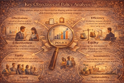 Infographic titled “Key Objectives of Policy Analysis” with a central magnifying glass over a rising chart, surrounded by four panels: Effectiveness, Efficiency, Equity, and Sustainability, each shown with matching icons and scenes.