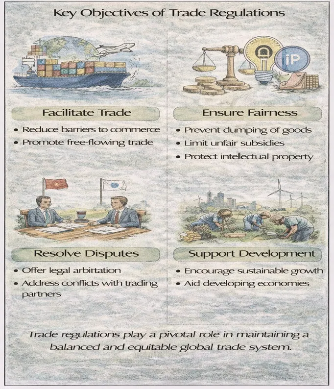 IDEF-style diagram titled “Key Objectives of Trade Regulations,” showing four objectives: facilitate trade, ensure fairness, resolve disputes, and support development.