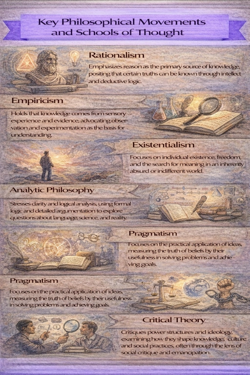 Watercolor-style infographic titled “Key Philosophical Movements and Schools of Thought,” showing illustrated panels for Rationalism, Empiricism, Existentialism, Analytic Philosophy, Pragmatism (appears twice), and Critical Theory, with icons like books, lab flasks, logic diagrams, a lone figure in a landscape, and debate imagery.
