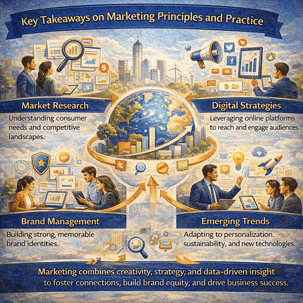Infographic titled “Key Takeaways on Marketing Principles and Practice,” showing market research, digital strategies, brand management, and emerging trends connected around a central globe, with marketers using data, social platforms, and creative tools.