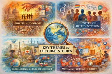 Illustration showing the key themes in Cultural Studies: power and ideology, identity and representation, globalization and cultural exchange, and media and popular culture, arranged around a globe and magnifying glass.