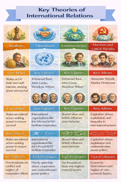 Infographic titled Key Theories of International Relations in four vertical columns.