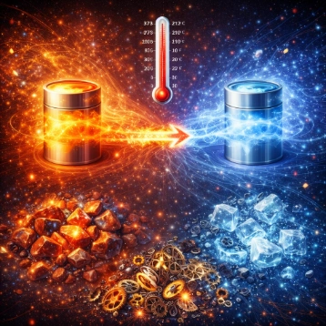Two cylinders—one glowing hot orange and one icy blue—connected by a bright arrow showing heat flow, with a thermometer above and ice cubes and glowing rocks below on a starry background.