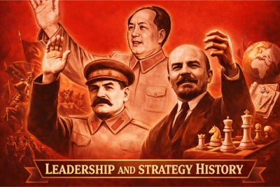 Propaganda-style red-toned montage of three historic leaders raising their hands, with symbolic elements like a chessboard, globe, soldiers, and documents, titled Leadership and Strategy History.