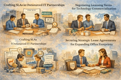 Four-panel illustration with headings showing real-world contract negotiation: top left, three professionals draft an outsourced IT SLA beside uptime and response-time signs; top right, three people negotiate technology licensing around a laptop and documents; bottom left, two negotiators work through licensing and royalty terms with “Licensing Agreement” and “Royalties” signs plus IP/finance icons; bottom right, a man and woman negotiate an office lease with a “Lease” folder, papers, cash, and a city skyline.