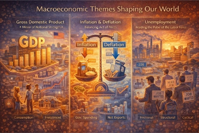 Three-panel infographic titled “Macroeconomic Themes Shaping Our World” showing GDP growth bars and the components of GDP, a scale balancing inflation and deflation, and job seekers illustrating unemployment types.