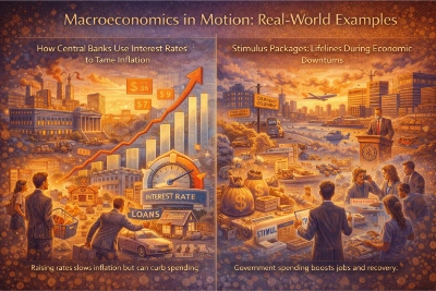 Two-panel infographic titled “Macroeconomics in Motion” showing a central bank raising interest rates to cool inflation on the left, and government stimulus spending supporting jobs and recovery on the right.