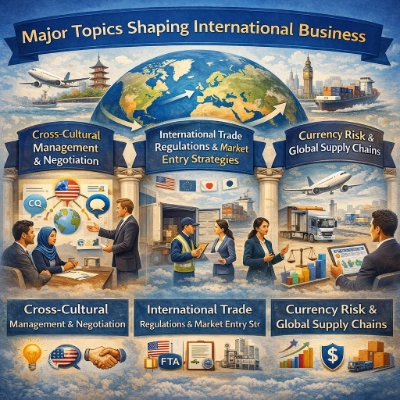 Infographic-style illustration of major international business topics—cross-cultural management and negotiation, trade regulations and market entry, and currency risk with global supply chains—shown around a globe with professionals, flags, and logistics icons.