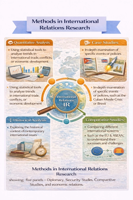 Infographic titled Methods in International Relations Research.