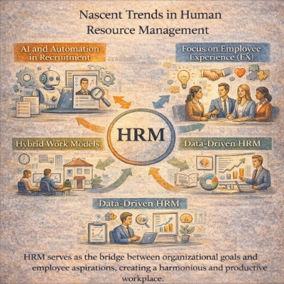 Infographic showing emerging HRM trends around a central “HRM” hub: AI and automation in recruitment, employee experience, hybrid work models, data-driven HR, and upskilling/reskilling, illustrated with workplace and analytics icons.