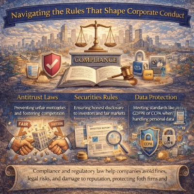 Infographic titled “Navigating the Rules That Shape Corporate Conduct,” showing a central “Compliance” law pedestal with scales, gavel, shield and lock icons, and three sections on antitrust laws, securities rules, and data protection (GDPR/CCPA).