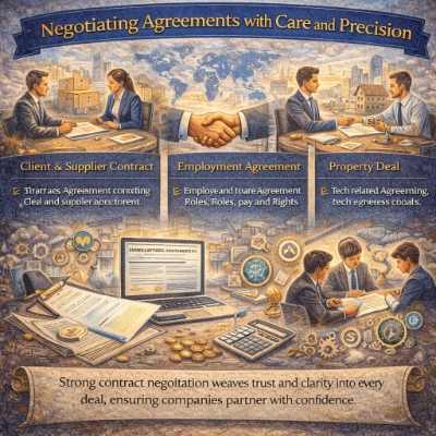 Infographic titled “Negotiating Agreements with Care and Precision,” showing contract discussions for client–supplier deals, employment agreements, and property transactions, with a central handshake over a world map and legal documents, laptops, and approval icons.