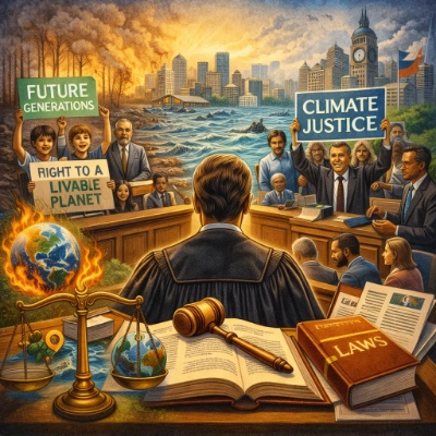 Courtroom scene of climate litigation with a judge facing activists holding climate justice signs.