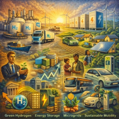 Collage-style illustration of renewable advocacy trends under a golden sky, showing green hydrogen tanks labeled “H2,” a hydrogen truck and ship, large battery storage units, wind turbines and solar panels, neighborhood microgrids powering homes, finance icons like coins and an upward chart, and clean mobility with electric cars, a bus, and charging stations.