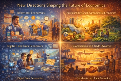 Four-quadrant infographic on future economics showing behavioral decision-making in shopping, sustainability with renewables, digital/data economics with AI and platforms, and globalization with trade routes and a handshake.