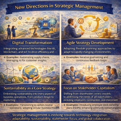 Infographic titled “New Directions in Strategic Management,” highlighting digital transformation with AI and automation, agile strategy cycles, sustainability as a core strategy, and stakeholder capitalism with partnership imagery.