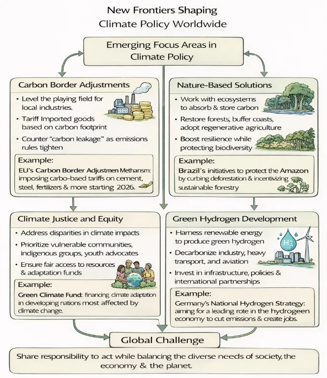 Flowchart showing Carbon Border Adjustments, Nature-Based Solutions, Climate Justice, and Green Hydrogen.