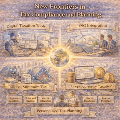 Watercolor-style infographic titled “New Frontiers in Tax Compliance and Planning,” arranged in five themes: digital taxation tools, ESG integration, global minimum tax, cryptocurrency taxation, and personalized tax planning, linked by a glowing globe at the center.