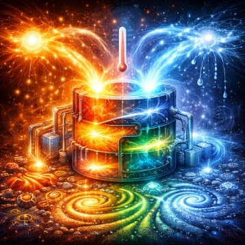 Split hot–cold thermodynamics scene with a central multi-chamber device: orange energy flows in from the left, blue energy flows from the right, with swirling vortices and spiral patterns suggesting non-equilibrium dynamics.