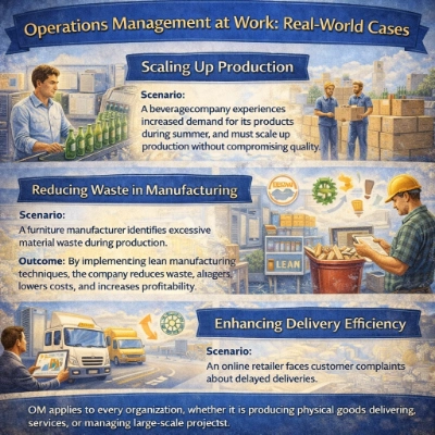 Infographic titled “Operations Management at Work: Real-World Cases,” showing three scenarios: scaling up beverage production during high demand, reducing waste in furniture manufacturing with lean methods, and improving delivery speed for an online retailer using logistics and route optimization.