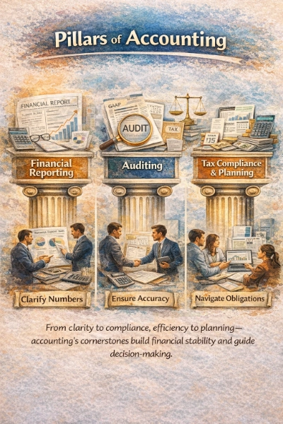 Watercolor infographic titled “Pillars of Accounting,” showing three stone columns labeled Financial Reporting, Auditing, and Tax Compliance & Planning, with icons like financial reports and charts, a magnifying glass over “Audit,” legal scales, and tax documents, plus small scenes of professionals reviewing data and meeting.