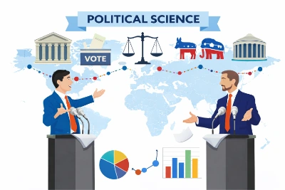 Political science infographic showing two speakers debating at podiums in front of a world map, with icons for voting, justice scales, government buildings, party symbols, and data charts.