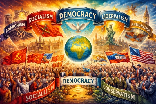 Large crowd holding flags beneath a glowing globe, with banners naming political ideologies arranged in an arc and historic city landmarks in the background.