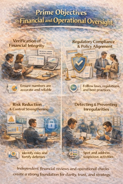 Watercolor infographic titled “Prime Objectives in Financial and Operational Oversight,” divided into four panels: verification of financial integrity, regulatory compliance and policy alignment, risk reduction and control strengthening, and detecting and preventing irregularities, with scenes of professionals reviewing records, compliance symbols (shield/check, scales), risk dashboards, and a magnifying glass over documents.