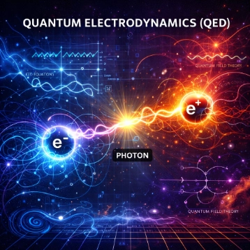 Glowing photon and electron connected by a bright interaction line, overlaid with waveforms, equations, and a Feynman-diagram style sketch on a cosmic blue–orange background.