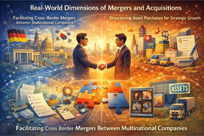 Illustration of real-world M&A with two executives shaking hands above interlocking puzzle pieces, showing cross-border mergers and targeted asset purchases with legal and logistics icons.
